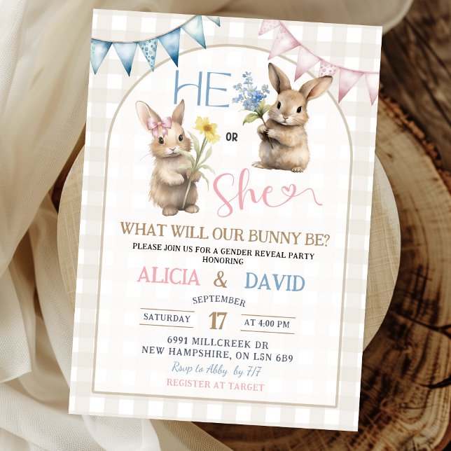 Pink Blue Bunny Floral Gender Reveal Invitation (Creator Uploaded)