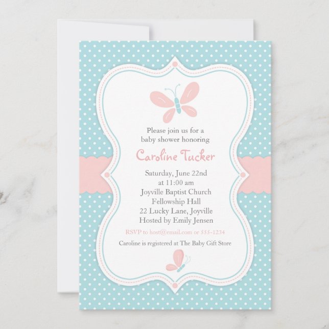 Pink & Blue Butterfly Baby Girl Shower Invitation (Front)