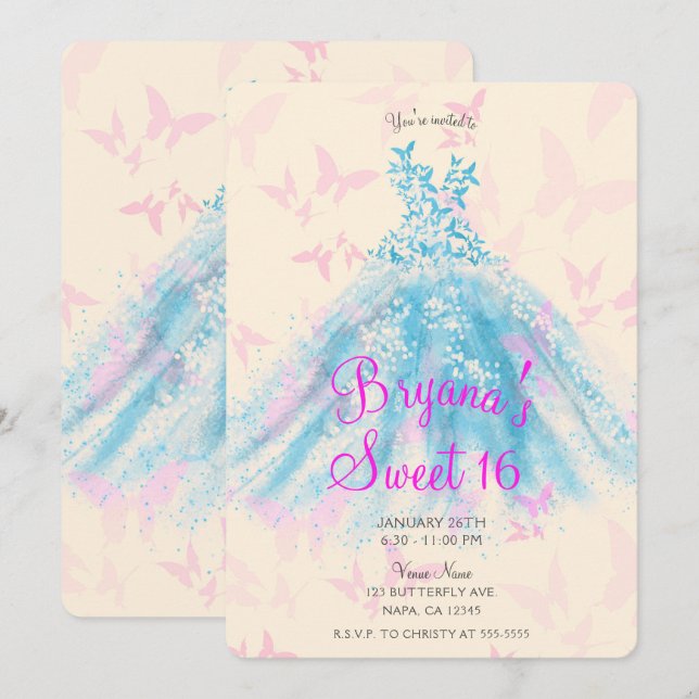 Pink & Blue Butterfly Dance Dress Sweet 16 Party I Invitation (Front/Back)