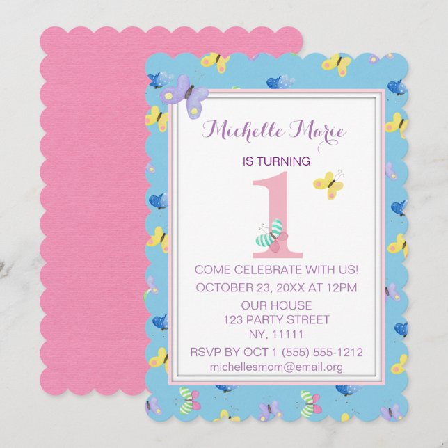 Pink Blue Butterfly First Birthday Invitation (Front/Back)