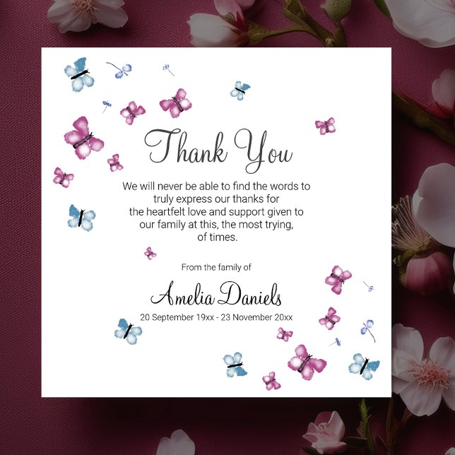Pink Blue Butterfly Funeral Thank You Card (Creator Uploaded)