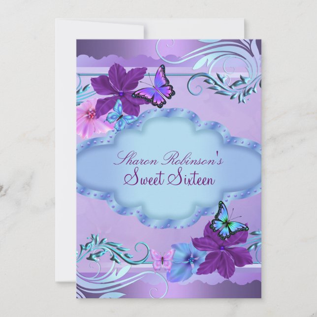 Pink & Blue Butterfly Garden Sweet 16 Invite (Front)