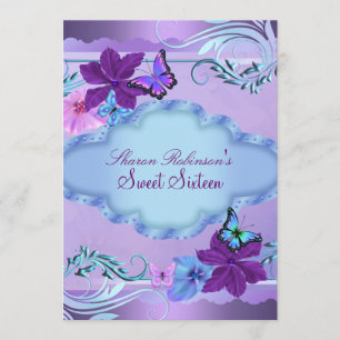 Pink & Blue Butterfly Garden Sweet 16 Invite