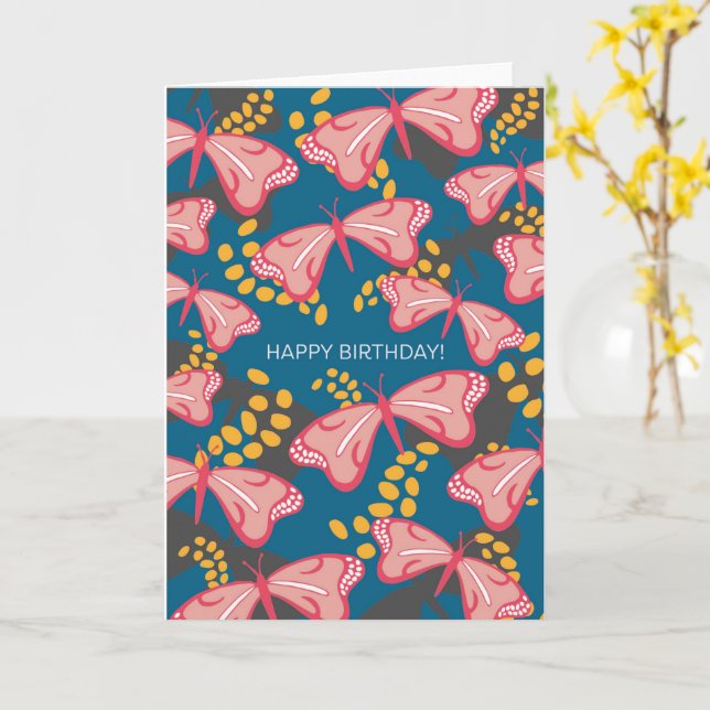 Pink & Blue Butterfly Happy Birthday Card (Yellow Flower)