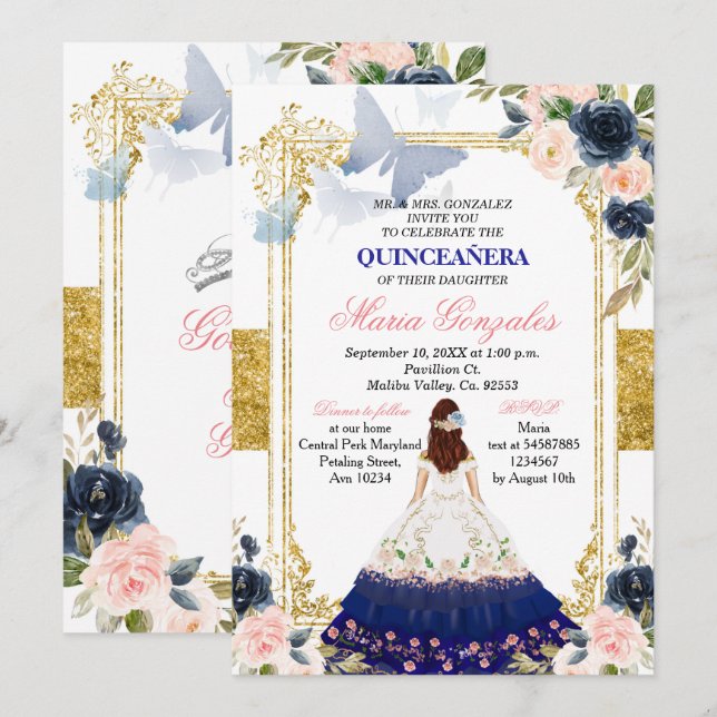 Pink & Blue Butterfly Quinceanera Mexican Birthday Invitation (Front/Back)