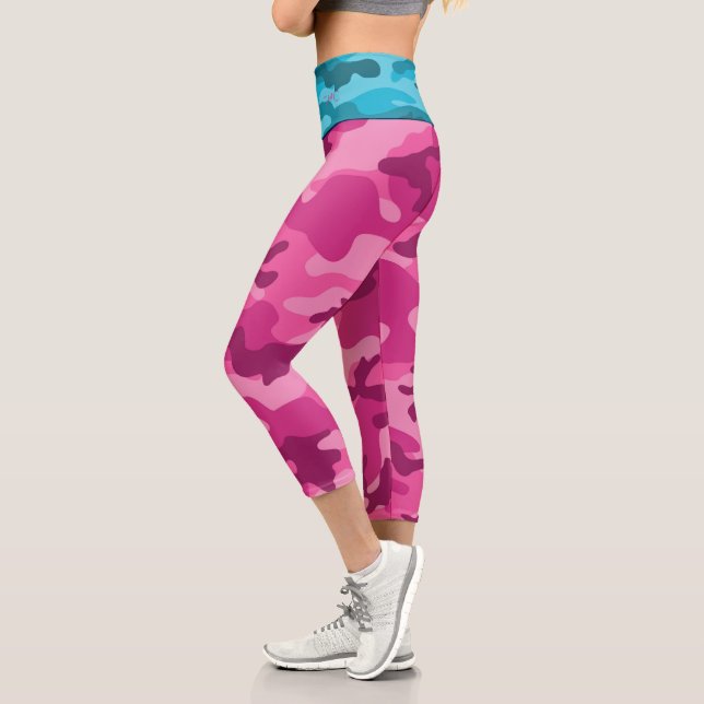 Pink Blue Camo INITIALS for Her Colourful Fun Capri Leggings (Left)