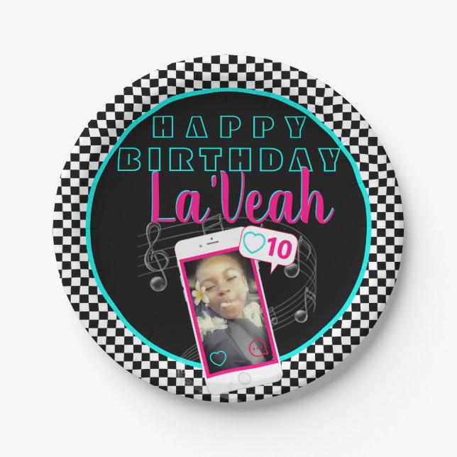 Pink|Blue Cellphone Photo Social Media Birthday Paper Plate (Front)