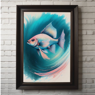 Pink Blue Chalk Drawing Fish ii Poster