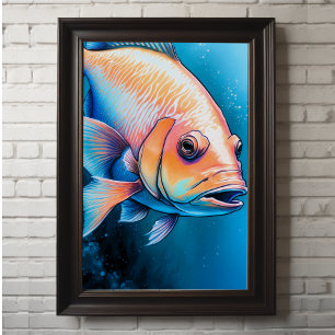Pink Blue Chalk Drawing Fish Poster