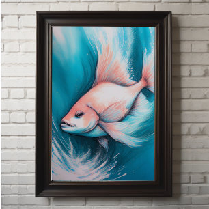 Pink Blue Chalk Drawing Fish V Poster