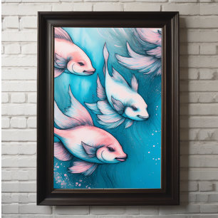 Pink Blue Chalk Drawing Fish VI Poster