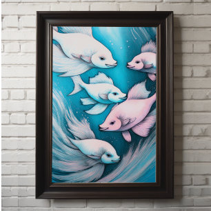 Pink Blue Chalk Drawing Fish VII Poster
