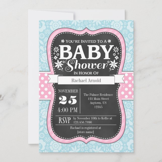 Pink Blue Chalkboard Floral Baby Shower Invite (Front)