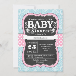 Pink Blue Chalkboard Floral Baby Shower Invite