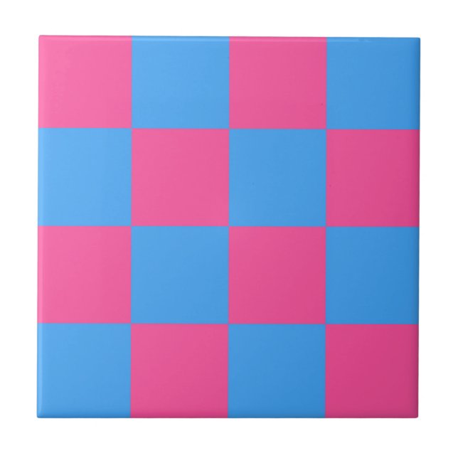 Pink Blue Chequered Check Pattern Tile (Front)