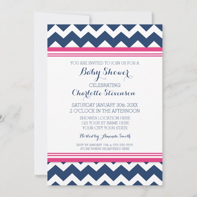 Pink Blue Chevron Custom Baby Shower Invitations (Back)