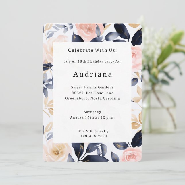 Pink Blue Chic Flowers Birthday Invitation (Standing Front)