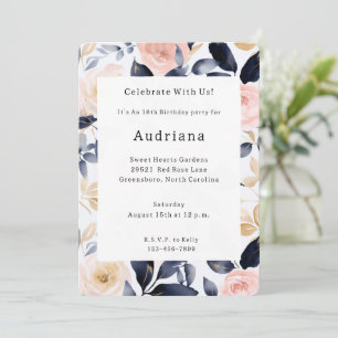 Pink Blue Chic Flowers Birthday Invitation