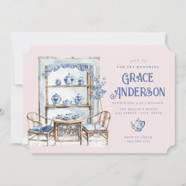 Pink & Blue Chinoiserie Bamboo Tea Invitation (Front)