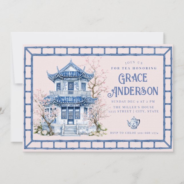  Pink & Blue Chinoiserie Bamboo Tea Invitation (Front)