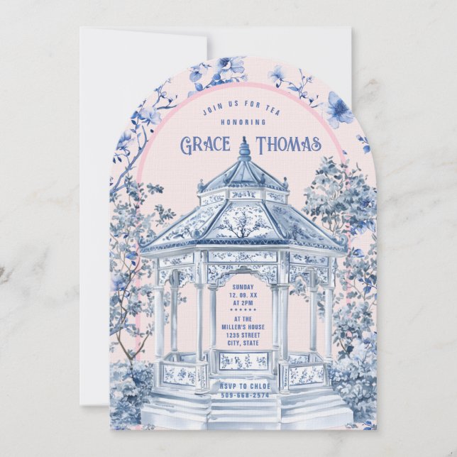  Pink & Blue Chinoiserie Pagoda Tea Invitation (Front)