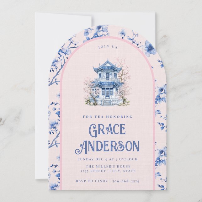  Pink & Blue Chinoiserie Tea Invitation (Front)