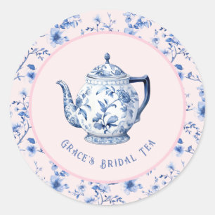 Pink & Blue Chinoiserie Teapot   Bridal Tea  Classic Round Sticker