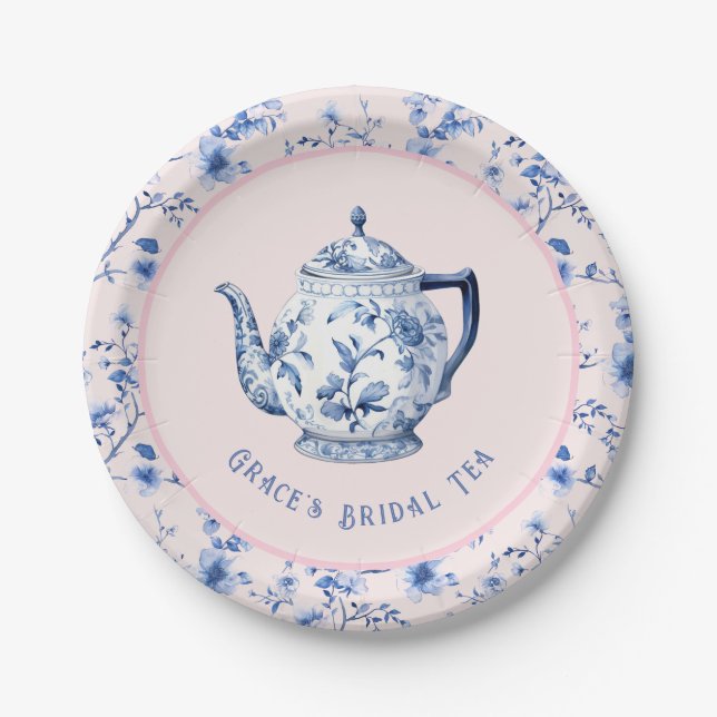  Pink & Blue Chinoiserie Teapot | Bridal Tea  Paper Plate (Front)