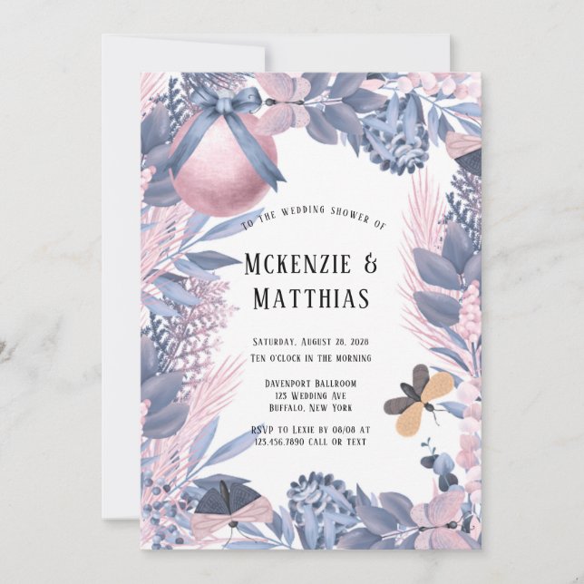 Pink Blue Christmas Floral Wedding Shower Invitation (Front)