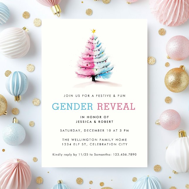 Pink Blue Christmas Gender Reveal Party Holiday Invitation (Creator Uploaded)