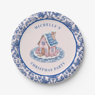 Pink & Blue Christmas Gingerbread W/ Damask Border Paper Plate
