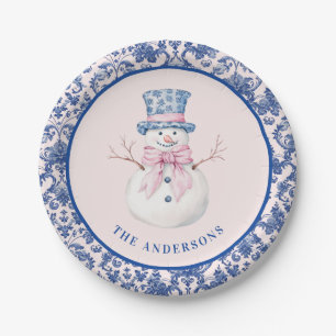 Pink & Blue Christmas Snowman W/ Damask Border Paper Plate