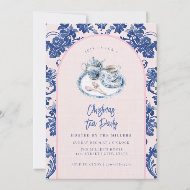 Pink & Blue Christmas Tea Party Invitation (Front)