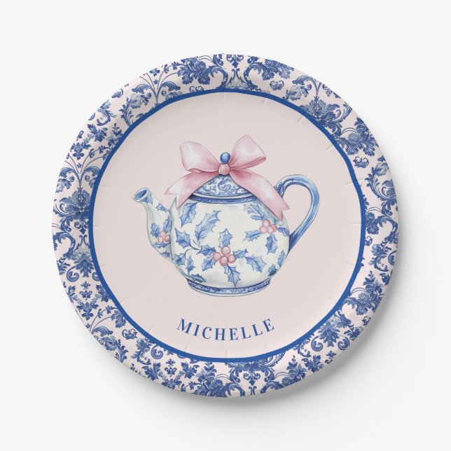 Pink & Blue Christmas TEA W/ Damask Border Paper Plate (Front)