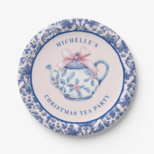 Pink & Blue Christmas TEA W/ Damask Border Paper Plate