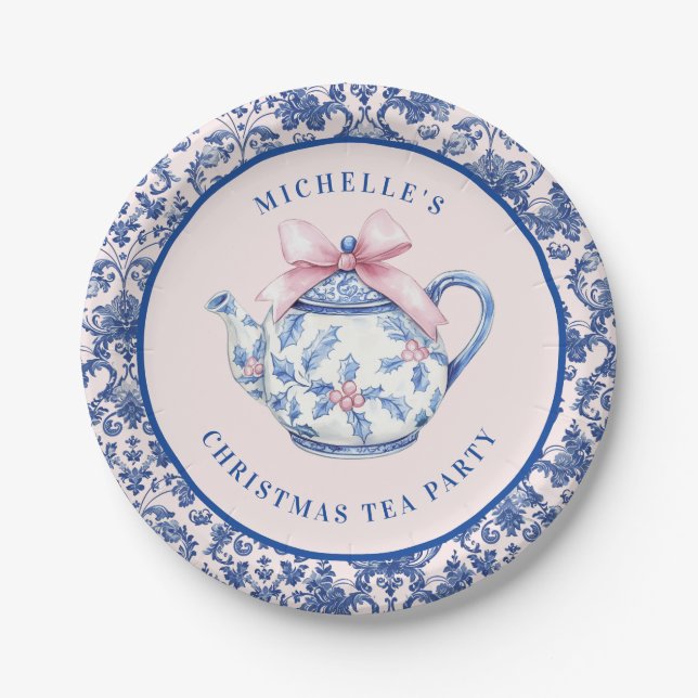 Pink & Blue Christmas TEA W/ Damask Border Paper Plate (Front)