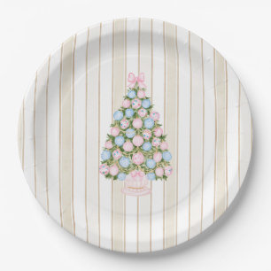 Pink Blue Christmas Tree Bulbs Bow Paper Plate