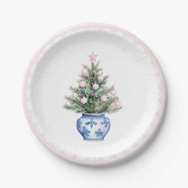 Pink & Blue Christmas Tree W Scallop Border Paper Plate (Front)
