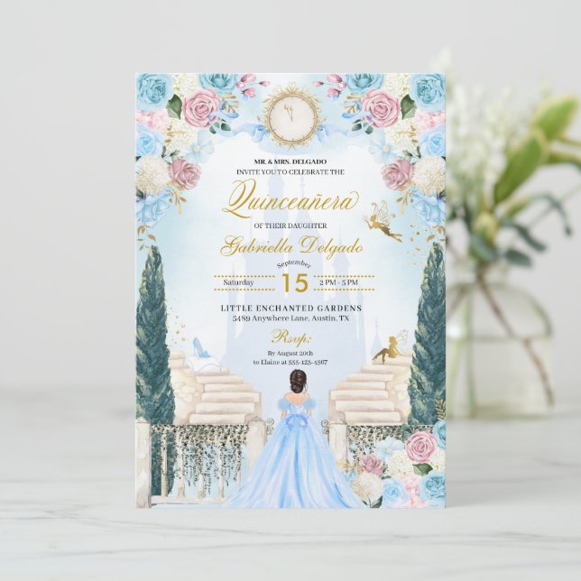 Pink & Blue Cinderella Princess Fairy Quinceanera Invitation (Standing Front)