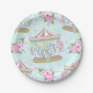 Pink Blue Circus Carousel Pony Paper Plate