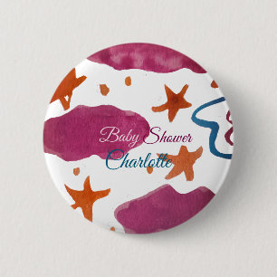 Pink blue clouds baby shower add name watercolor s 6 cm round badge