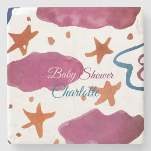 Pink blue clouds baby shower add name watercolor s stone coaster
