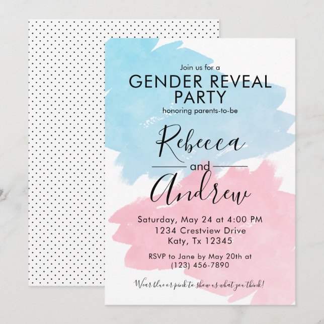 Pink & Blue Colour Splash Gender Reveal Baby Showe Invitation (Front/Back)