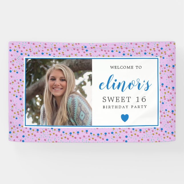 Pink Blue Confetti Photo Sweet 16 Welcome Banner (Horizontal)
