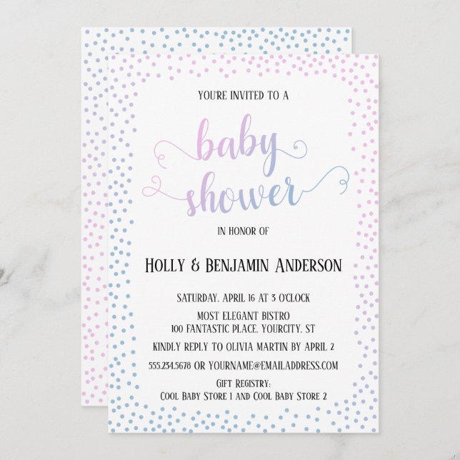 Pink Blue Confetti TypographyBaby Shower Invitation (Front/Back)
