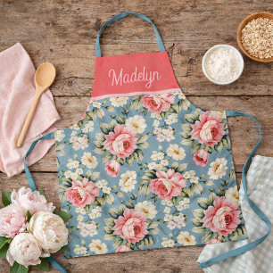 Pink Blue Cottage Garden Flowers Custom Name Apron