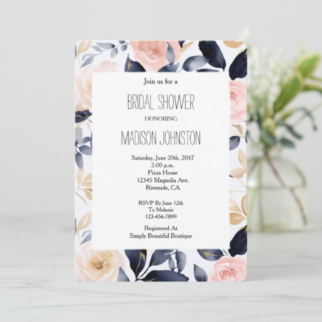 Pink Blue Cream Floral Bridal Shower Invitation (Standing Front)