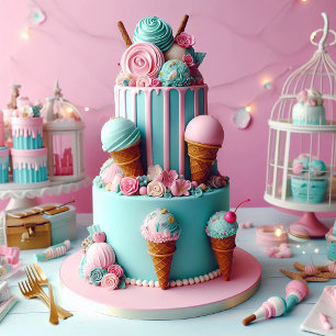 PINK & BLUE CREAM THEMED KIDS BIRTHDAY CAKE CARD