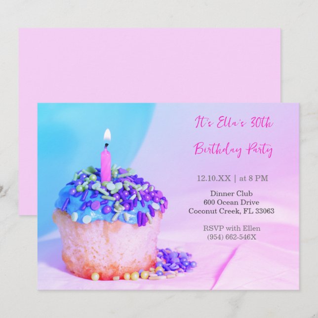 Pink Blue Cupcake Colourful 30th birthday  Invitation (Front/Back)