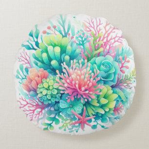Pink Blue Cute Coral Beachy Coastal Nautical Round Cushion